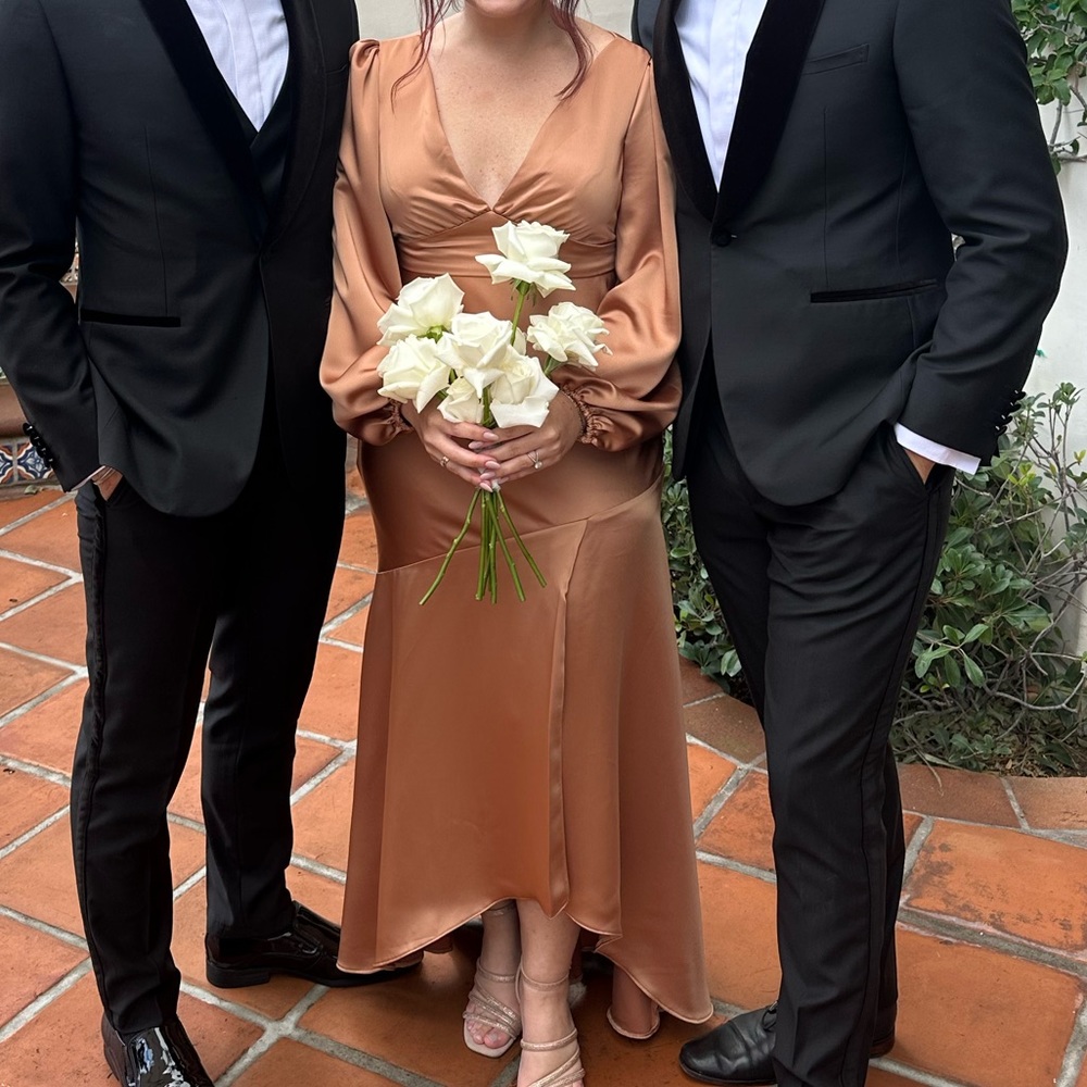 PUFF SLEEVE ASYMMETRICAL DROP WAIST HIGH-LOW SLIP DRESS - TEAGAN IN TOFFEE